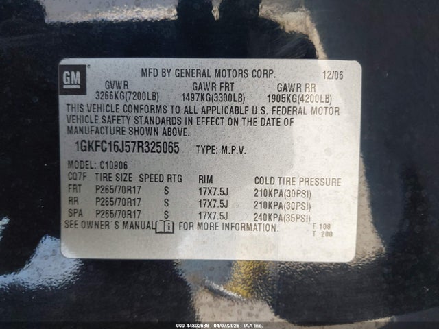 Aukcja sprzedaży 2007 Gmc Yukon Xl 1500 Sle, vin: 1GKFC16J57R325065, numer aukcji: 44802689