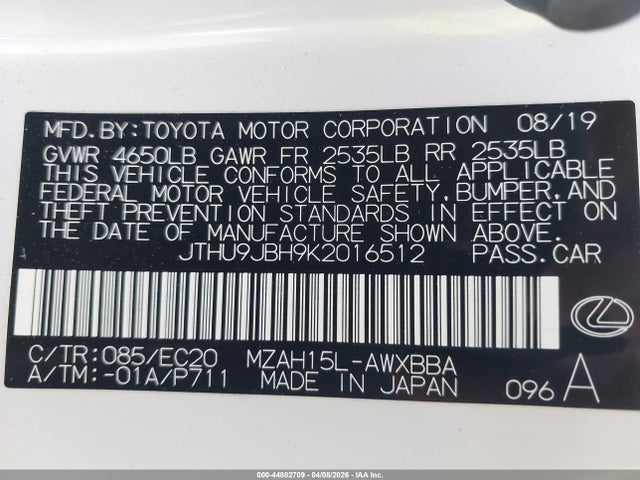 JTHU9JBH9K2016512 Lexus UX 250H