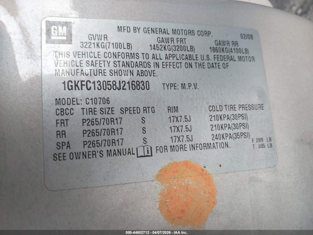 Продаж на аукціоні авто 2008 Gmc Yukon Sle, vin: 1GKFC13058J216830, номер лоту: 44802712