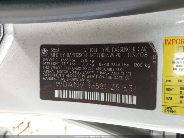 Продаж на аукціоні авто 2008 Bmw 528xi, vin: WBANV13558CZ51631, номер лоту: 44802719