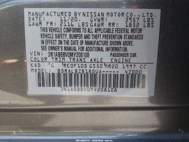 44802721 :رقم المزاد ، 3N1AB8BV0MY208108 vin ، 2021 Nissan Sentra S Xtronic Cvt مزاد بيع