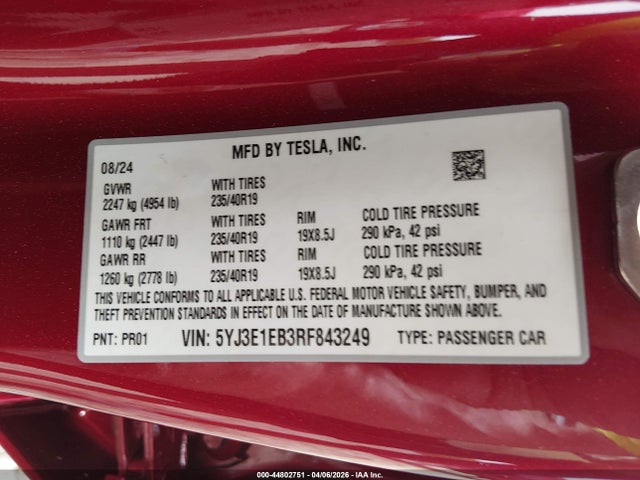 Продажа на аукционе авто 2024 Tesla Model 3 Long Range Dual Motor All-wheel Drive, vin: 5YJ3E1EB3RF843249, номер лота: 44802751
