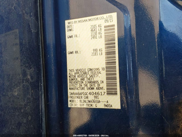 2016 Nissan Maxima 3.5 Sv მანქანა იყიდება აუქციონზე, vin: 1N4AA6AP1GC404617, აუქციონის ნომერი: 44802769