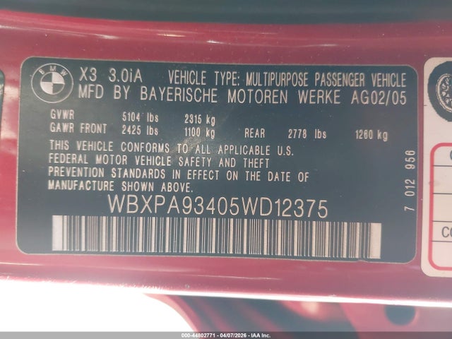 Aukcja sprzedaży 2005 Bmw X3 3.0i, vin: WBXPA93405WD12375, numer aukcji: 44802771