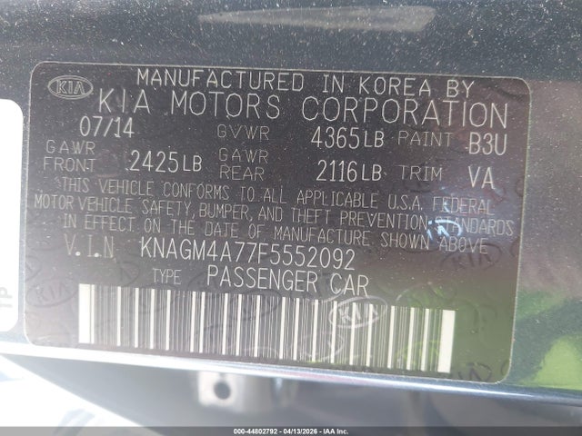 KNAGM4A77F5552092 KIA Optima Lx