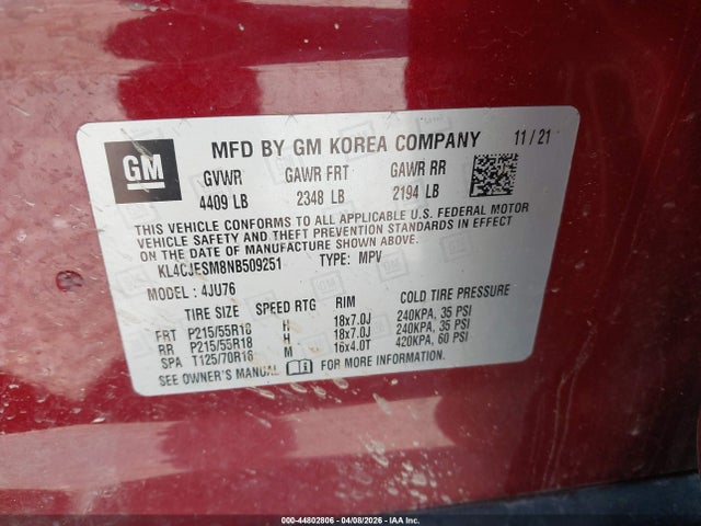 Aukcja sprzedaży 2022 Buick Encore Awd Preferred, vin: KL4CJESM8NB509251, numer aukcji: 44802806