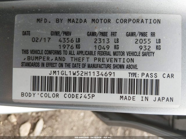 44802809 :رقم المزاد ، JM1GL1W52H1134691 vin ، 2017 Mazda Mazda6 Grand Touring مزاد بيع