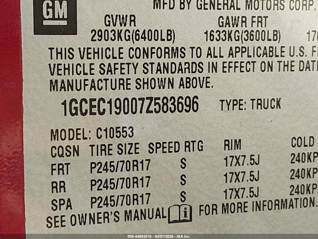 Продаж на аукціоні авто 2007 Chevrolet Silverado 1500 Lt2, vin: 1GCEC19007Z583696, номер лоту: 44802818