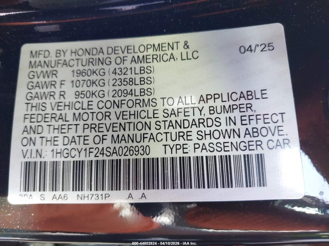 2025 Honda Accord Lx მანქანა იყიდება აუქციონზე, vin: 1HGCY1F24SA026930, აუქციონის ნომერი: 44802824