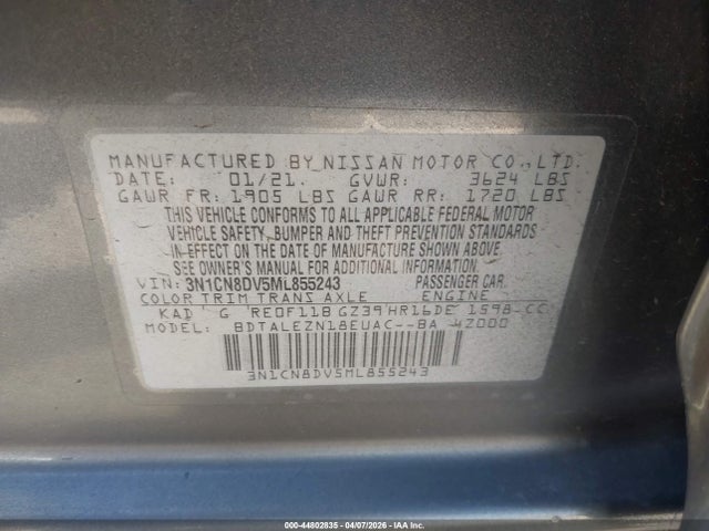 Nissan Versa S Xtronic Cvt 2021 3N1CN8DV5ML855243 Image 9
