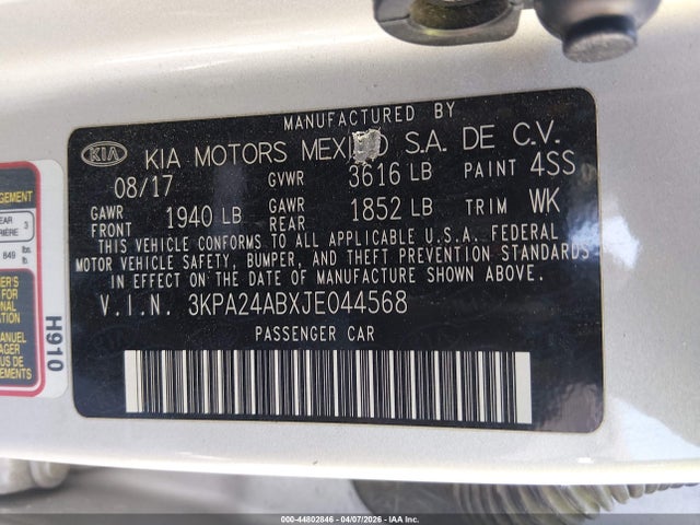 44802846 :رقم المزاد ، 3KPA24ABXJE044568 vin ، 2018 Kia Rio Lx مزاد بيع