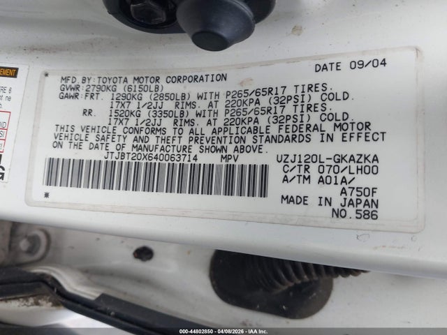 2004 LEXUS GX 470 JTJBT20X640063714 Photo 8
