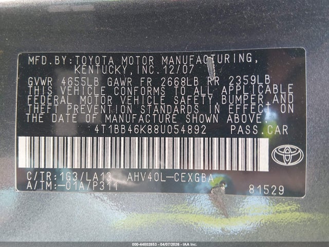 2008 TOYOTA CAMRY HYBRID 4T1BB46K88U054892 Photo 8