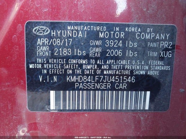 KMHD84LF7JU451546 Hyundai ELANTRA SEL