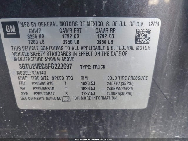 Продаж на аукціоні авто 2015 Gmc Sierra 1500 Slt, vin: 3GTU2VEC5FG223697, номер лоту: 44802879