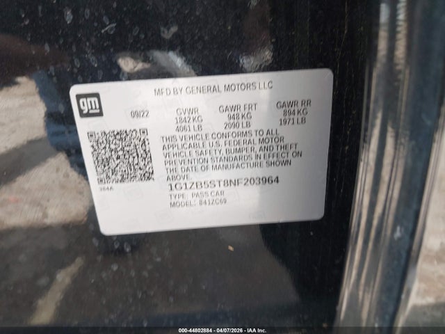 44802884 :رقم المزاد ، 1G1ZB5ST8NF203964 vin ، 2022 Chevrolet Malibu Fwd Ls مزاد بيع
