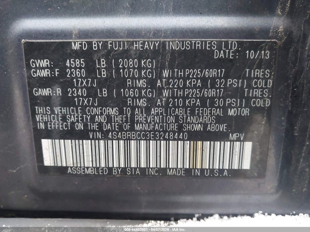 2014 Subaru Outback 2.5i Premium მანქანა იყიდება აუქციონზე, vin: 4S4BRBCC3E3248440, აუქციონის ნომერი: 44802901
