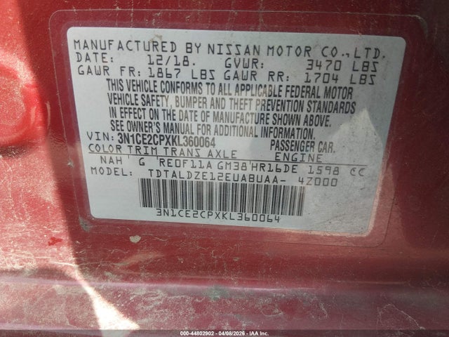 44802902 :رقم المزاد ، 3N1CE2CPXKL360064 vin ، 2019 Nissan Versa Note Sv مزاد بيع