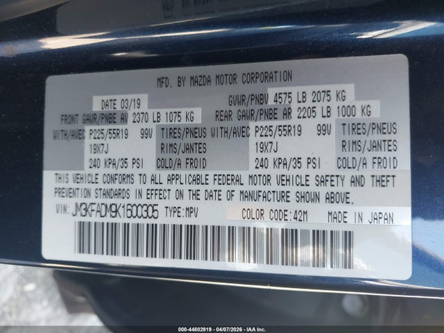2019 Mazda Cx-5 Grand Touring მანქანა იყიდება აუქციონზე, vin: JM3KFADM9K1600305, აუქციონის ნომერი: 44802919