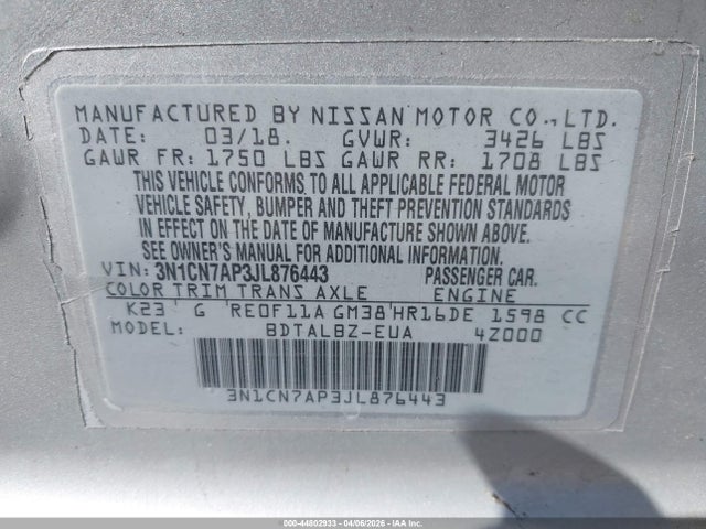 3N1CN7AP3JL876443 Nissan Versa 1.6 Sv