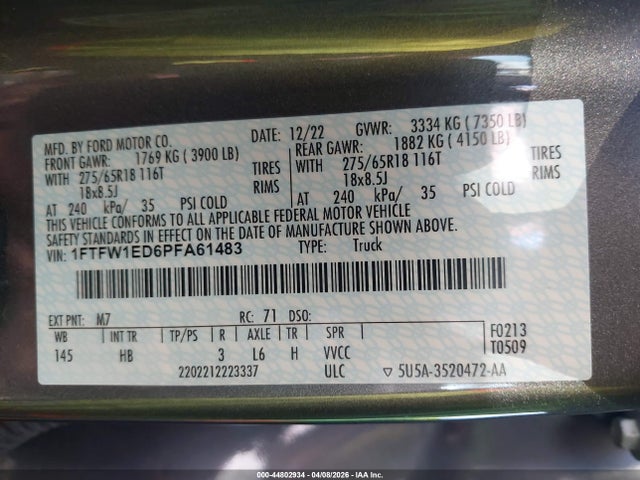 Ford F-150 Lariat 2023 1FTFW1ED6PFA61483 Image 9