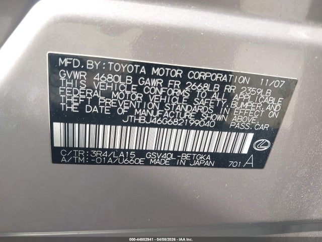 Продажа на аукционе авто 2008 Lexus Es 350, vin: JTHBJ46G682199040, номер лота: 44802941