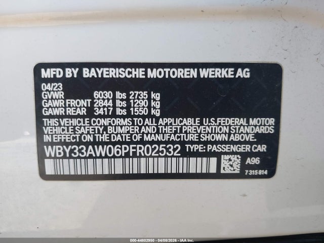 44802950 :رقم المزاد ، WBY33AW06PFR02532 vin ، 2023 Bmw I4 M50 مزاد بيع