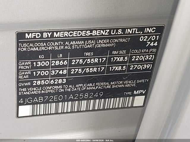 2001 Mercedes-benz Ml 430 მანქანა იყიდება აუქციონზე, vin: 4JGAB72E01A258249, აუქციონის ნომერი: 44802964