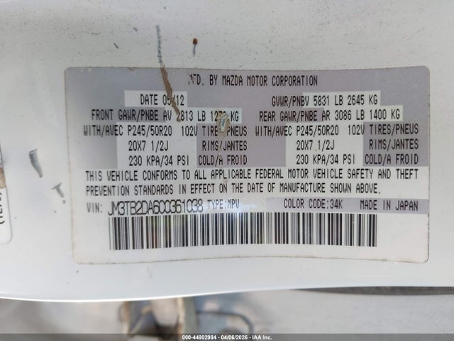 44802984 :رقم المزاد ، JM3TB2DA6C0361038 vin ، 2012 Mazda Cx-9 Grand Touring مزاد بيع