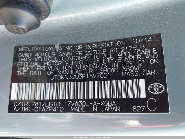Toyota Prius Five 2015 JTDKN3DU3F1897021 Image 9