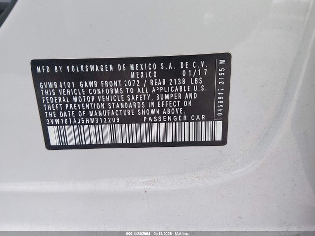 Aukcja sprzedaży 2017 Volkswagen Jetta 1.4t S, vin: 3VW167AJ5HM312209, numer aukcji: 44802994