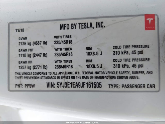 Tesla Model 3 Long Range/mid Range 2018 5YJ3E1EA9JF161505 Image 9