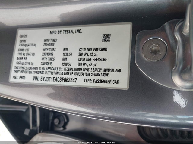 Продаж на аукціоні авто 2025 Tesla Model 3 Long Range Rear-wheel Drive/standard Rear-wheel Drive, vin: 5YJ3E1EA0SF062847, номер лоту: 44803013