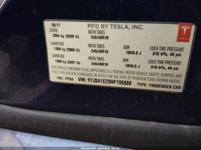 Aukcja sprzedaży 2017 Tesla Model S 100d/60d/75d/90d/p100d, vin: 5YJSA1E29HF195888, numer aukcji: 44803025