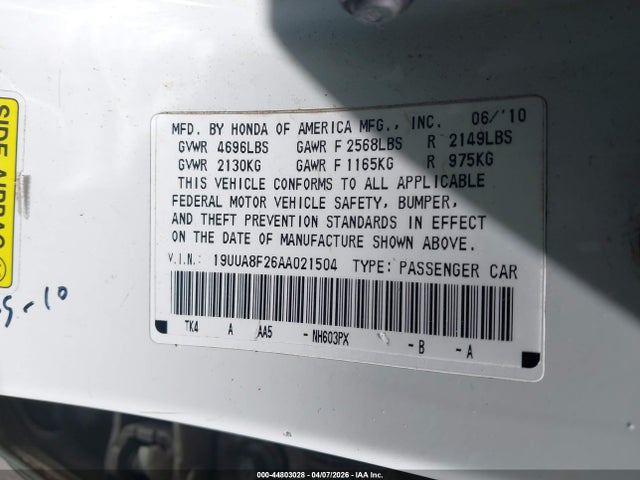 2010 Acura Tl 3.5 მანქანა იყიდება აუქციონზე, vin: 19UUA8F26AA021504, აუქციონის ნომერი: 44803028