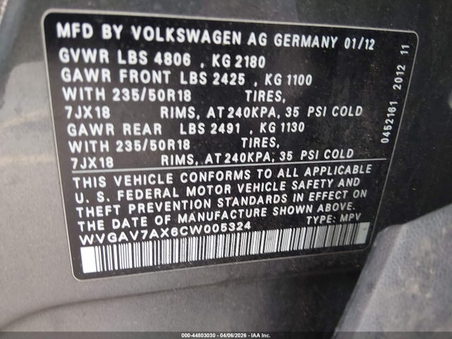 Продажа на аукционе авто 2012 Volkswagen Tiguan Se, vin: WVGAV7AX6CW005324, номер лота: 44803030
