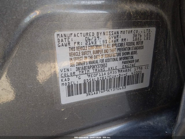 Aukcja sprzedaży 2019 Nissan Sentra Sv, vin: 3N1AB7AP9KY370653, numer aukcji: 44803036
