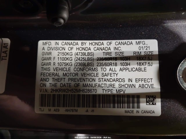 44803038 :رقم المزاد ، 2HKRW2H52MH628670 vin ، 2021 Honda Cr-v Awd Ex مزاد بيع