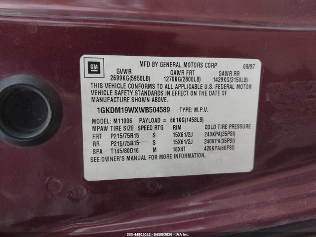 44803042 :رقم المزاد ، 1GKDM19WXWB504589 vin ، 1998 Gmc Safari Sle مزاد بيع