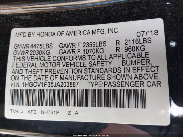 1HGCV1F35JA203887 Honda Accord Sport