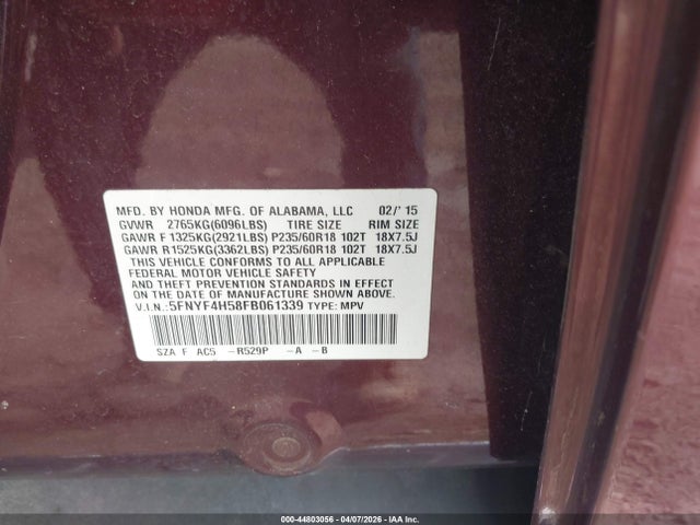 2015 HONDA PILOT 5FNYF4H58FB061339 Photo 8