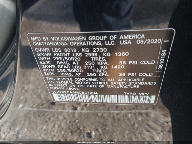 44803064 :رقم المزاد ، 1V2TR2CA6MC527904 vin ، 2021 Volkswagen Atlas 3.6l V6 Sel Premium مزاد بيع