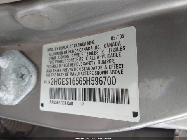 Продаж на аукціоні авто 2005 Honda Civic Lx, vin: 2HGES16565H596700, номер лоту: 44803101