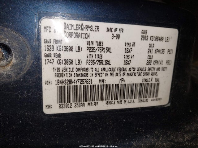 Продажа на аукционе авто 2000 Dodge Durango, vin: 1B4HS28N4YF257631, номер лота: 44803117