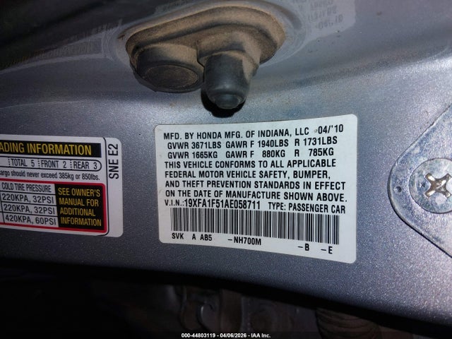 Aukcja sprzedaży 2010 Honda Civic Lx, vin: 19XFA1F51AE058711, numer aukcji: 44803119