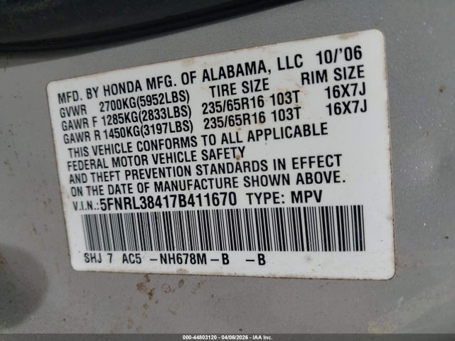 2007 Honda Odyssey Ex მანქანა იყიდება აუქციონზე, vin: 5FNRL38417B411670, აუქციონის ნომერი: 44803120