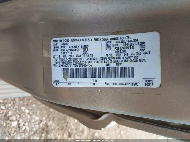 44803176 :رقم المزاد ، 4N2XN11T0YD846452 vin ، 2000 Nissan Quest Gle/gxe/se-cloth/se-leather مزاد بيع
