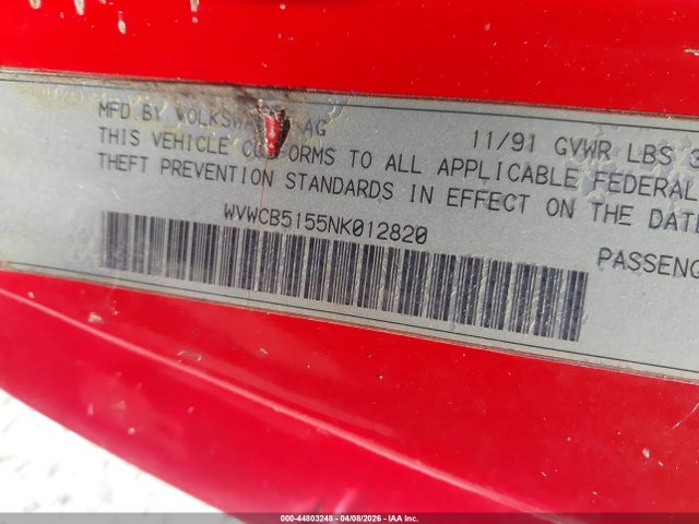 Aukcja sprzedaży 1992 Volkswagen Cabriolet, vin: WVWCB5155NK012820, numer aukcji: 44803248