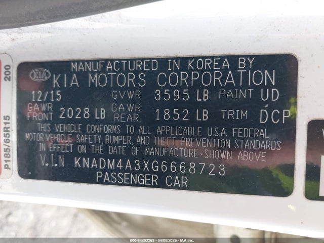 KNADM4A3XG6668723 KIA RIO LX