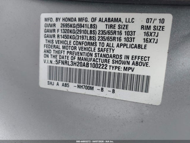 44803272 :رقم المزاد ، 5FNRL3H20AB100222 vin ، 2010 Honda Odyssey Lx مزاد بيع
